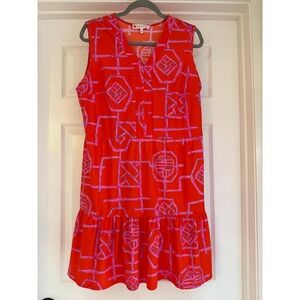 Jude‎ Connally Large Orange Pink Geometric Jude Cloth Tiered Flounce Dress L